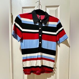 Adam Selman Striped Knit Pearl Button Polo Top Size M